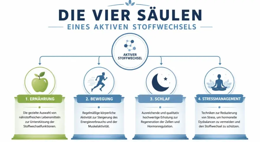 Die vier Säulen eines aktiven Stoffwechsels: Ernährung, Bewegung, Schlaf und Stressmanagement. So kannst du deinen Stoffwechsel ankurbeln.