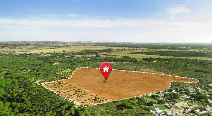 Terreno llano y despejado, marcado con un pin de casa, rodeado de pinos y vegetación. Un área de suelo terciario ideal para construir.