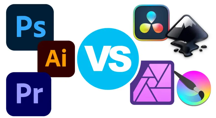 Porównanie ikon programów graficznych: Adobe (Ps, Ai, Pr) kontra alternatywy, szukając zamiennika Photoshop.