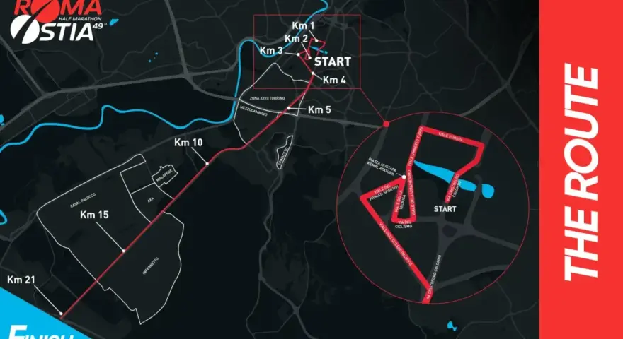 Mapa de la ruta de la media maratón Roma Ostia, mostrando el recorrido desde la salida hasta la meta en el km 21.