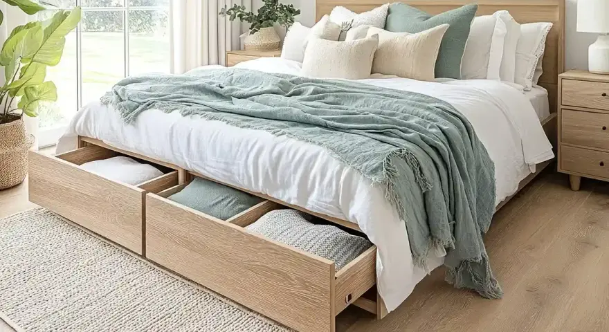 Camas vestidas con encanto, con mantas suaves y cojines acogedores, y cajones de madera para guardar tesoros.