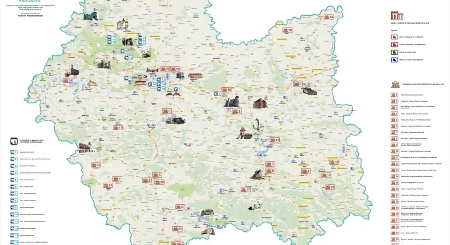 Mapa Małopolski z zaznaczonymi zamkami, skansenami i podziemiami turystycznymi. Odkryj bogactwo kulturowe regionu, podążając szlakiem skansenów.