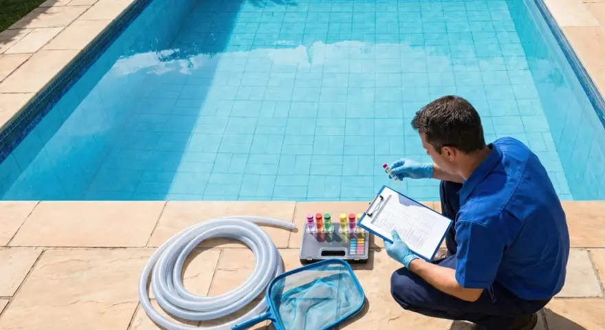 A man in blue checks pool water test tubes, preparing to shock the pool. Pool cleaning supplies are laid out.