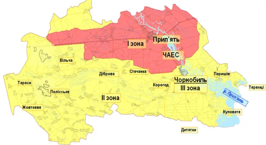 Mapa pokazująca strefy wokół Czarnobyla. Widać tu Prypeć, Czarnobylską Elektrownię Atomową i rzekę Prypeć.