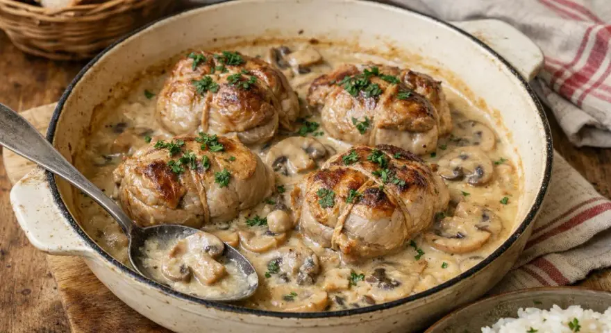 Quatre paupiettes de veau dorées, nappées d'une sauce crémeuse aux champignons, prêtes pour la cuisson.