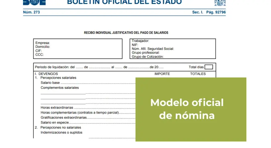 Modelo oficial de nómina, ideal para tu programa nóminas gratis. Documento oficial del BOE para justificar pagos salariales.