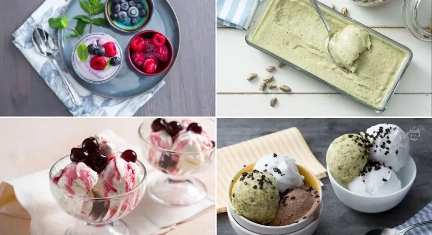 Vari gusti di gelato, tra cui pistacchio e frutti di bosco, perfetti con latte condensato.