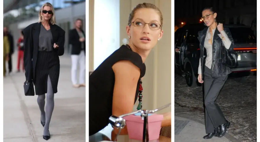 Trzy kobiety w eleganckich stylizacjach, w tym jedna z nich w roli office siren, prezentują modne stroje biznesowe.