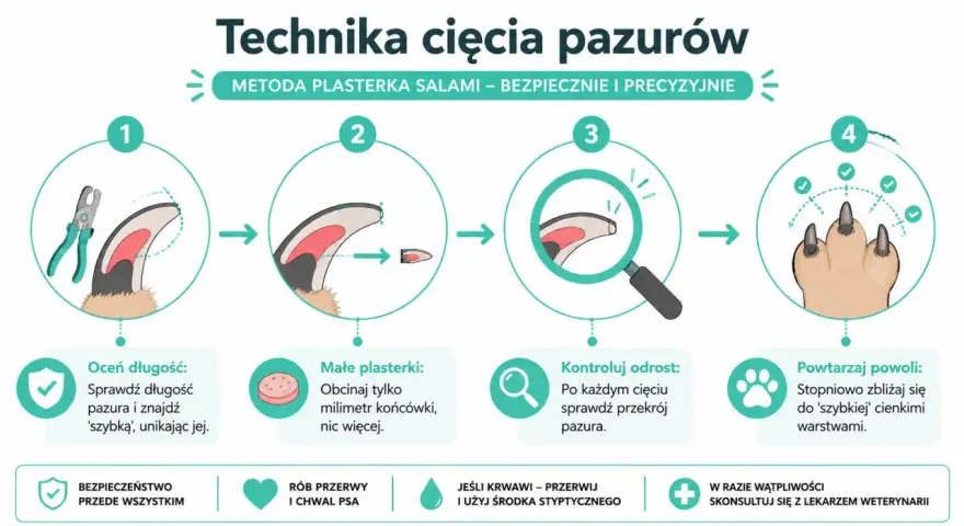 Ilustracja pokazuje, jak obciąć psu pazury metodą "plasterka salami". Krok po kroku: oceń długość, obcinaj małe fragmenty, kontroluj odrost i powtarzaj.