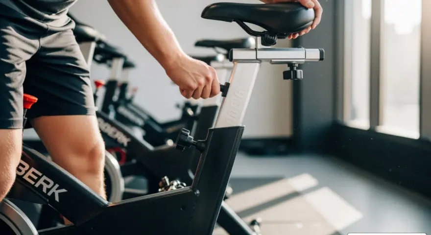 A person adjusts the seat on a spin bike, ready for an intense spin class.