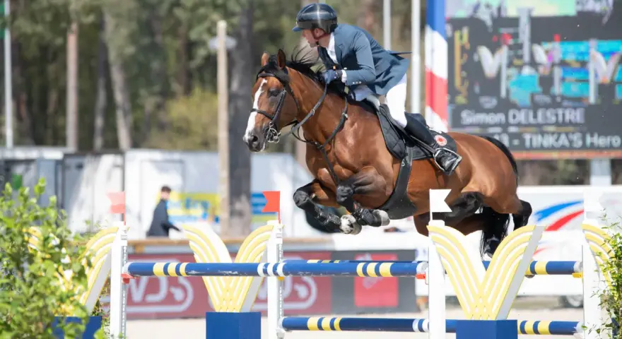 Le cavalier et Tinka's Hero, le champion de Tinka, franchissent un obstacle.