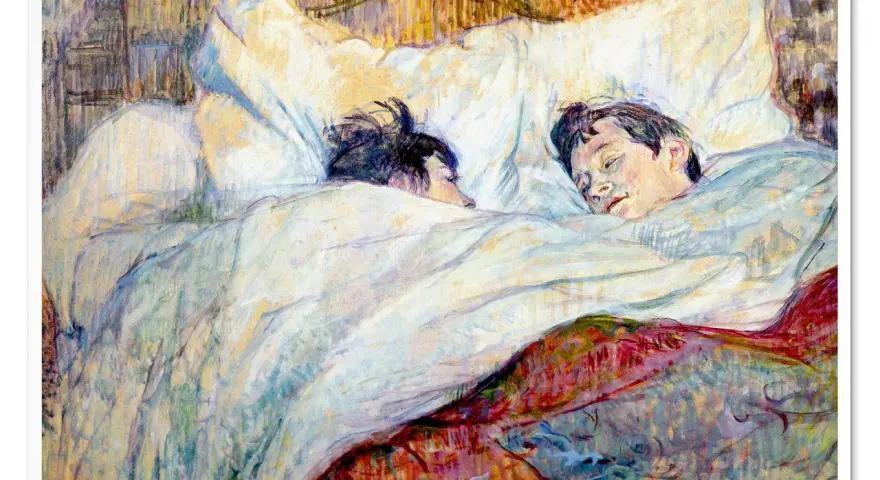 Dwie postacie śpiące w łóżku, uchwycone pędzlem henri de toulouse-lautrec. Widać ich twarze i kołdrę.