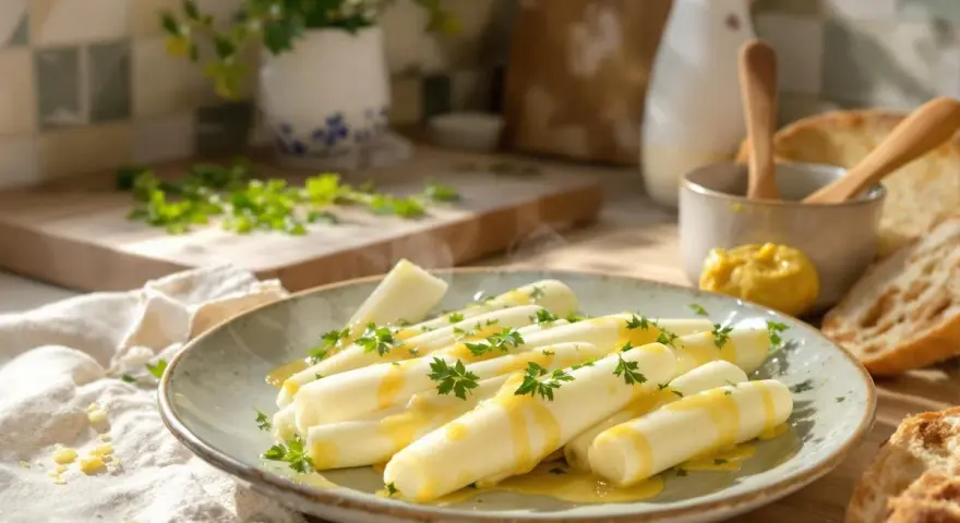 Poireaux vinaigrette, tendres et savoureux, arrosés d'une sauce dorée et parsemés de persil frais. Un délice simple et élégant.