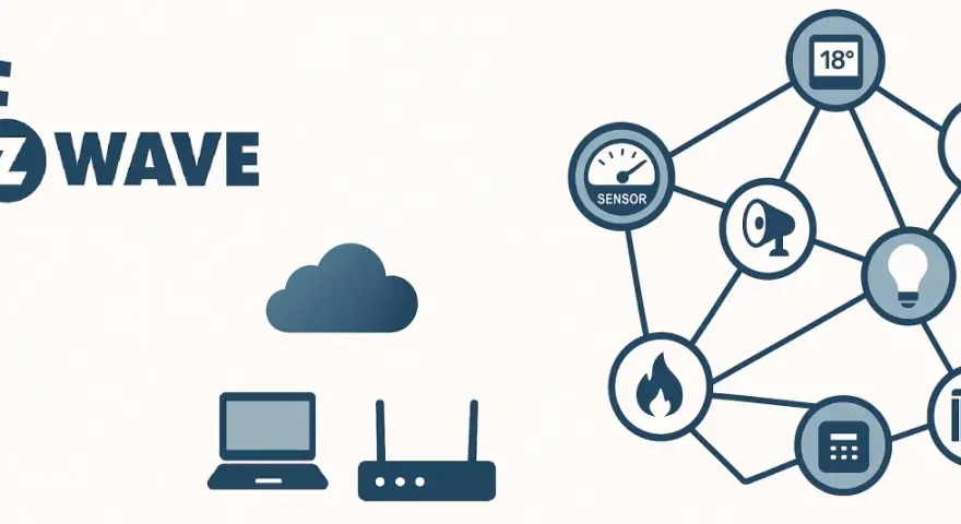 Z-Wave-Logo mit Symbolen für Smart-Home-Geräte, die über die Z-Wave-Frequenz vernetzt sind.