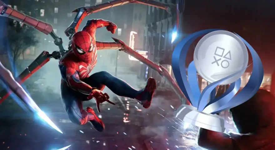 Spider-Man en acción, con sus tentáculos mecánicos desplegados, junto al trofeo platino de Spider-Man 2.