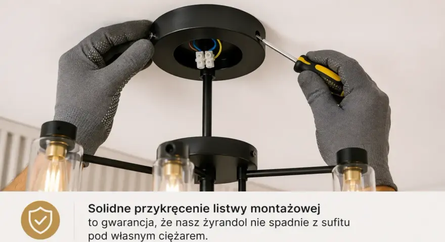 Ręce w rękawiczkach przykręcają śrubokrętem mocowanie żyrandola do sufitu.