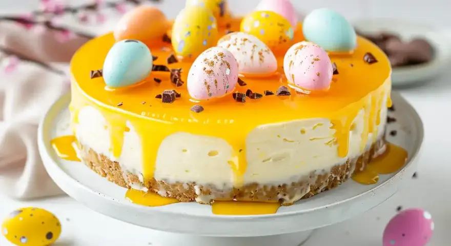 Påsk cheesecake med gul lemon curd-glasyr, dekorerad med färgglada påskägg och chokladbitar.