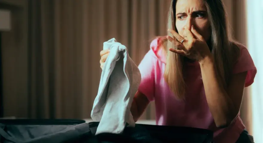 Kobieta w różowej bluzce zatyka nos, trzymając w ręku nieświeżą koszulkę. Jak odświeżyć garnitur bez prania?