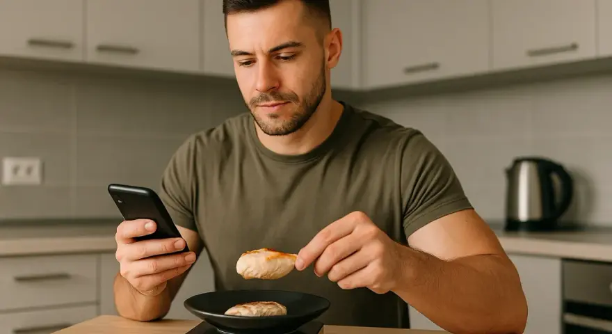 Mężczyzna sprawdza na telefonie, jak się liczy kalorie, ważąc kawałek kurczaka na kuchennej wadze.
