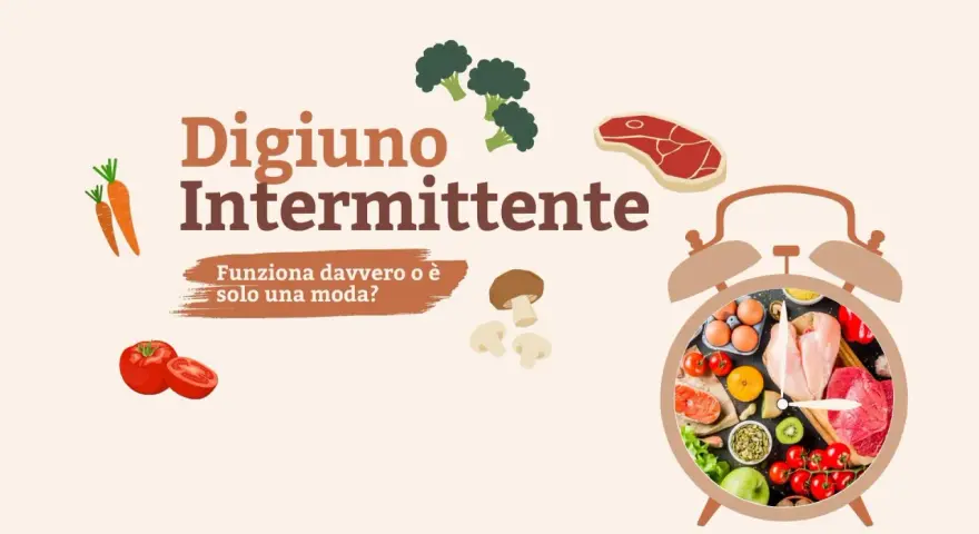 Digiuno intermittente: come funziona? Un orologio pieno di cibi sani, verdure e carne, con carote, broccoli e pomodori sparsi.