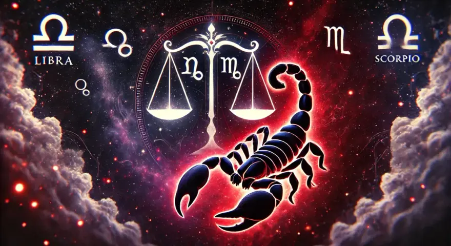 Skorpion i Waga: zodiakalny skorpion na tle kosmosu z wagą, symbolizującą ich związek.