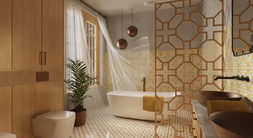 Élégante salle de bain style marocain avec baignoire, double vasque en cuivre, boiseries et carrelage ornemental.