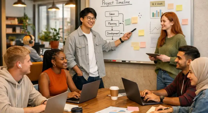 Ein junges, diverses Team plant eine Projekt-Timeline. Der Sprecher erklärt die Phasen Ideen, Planung und Entwicklung. Die Gen Z arbeitet engagiert an Laptops.