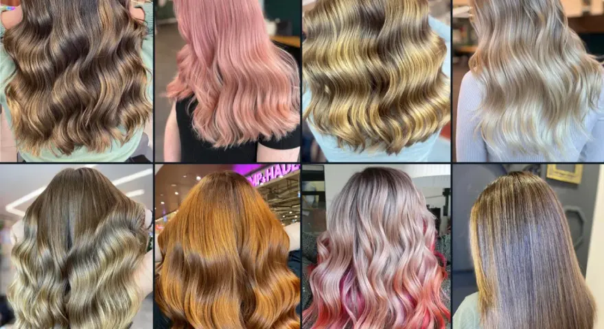 Collage mit acht Frisuren: blonde, braune, rote und pinke Haare, wellig und glatt.