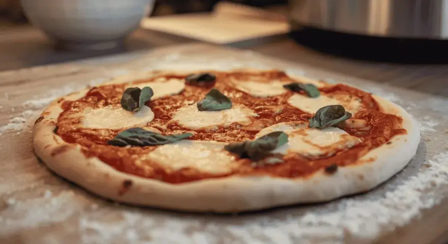 Une délicieuse pizza Margherita, avec sa pâte à pizza maison, prête à être dégustée. Un vrai délice pour les amateurs de pain et de bonnes choses.