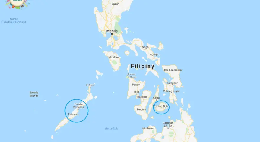 Mapa pokazuje, gdzie leżą Filipiny, z zaznaczonymi miastami jak Manila, Cebu i Palawan.