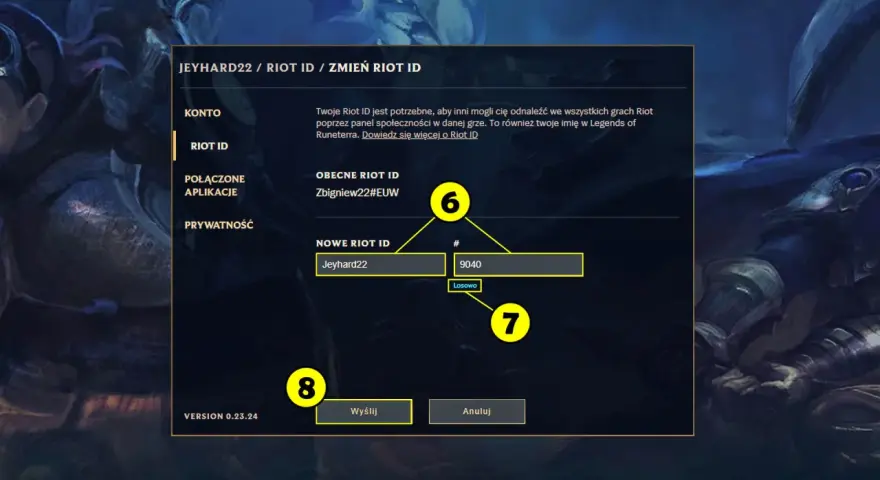 Interfejs zmiany Riot ID w grze, z polami na nowe ID i numer.