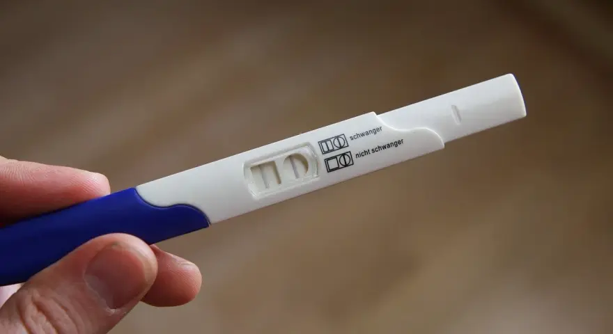 Dłoń trzyma test ciążowy z dwoma kreskami, co oznacza, że test ciążowy negatywny.