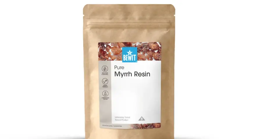 Opakowanie z żywicą mirry. Dowiedz się, co to jest mirra i odkryj jej czystą, naturalną formę. Produkt wegański, testowany laboratoryjnie.