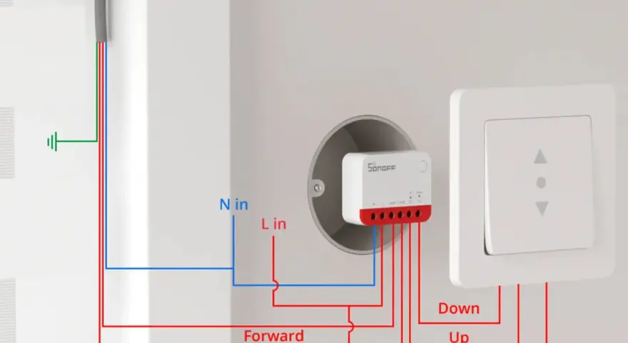 Schaltplan: So machen Sie Ihre Funkmarkise smart mit einem Sonoff-Schalter. Kabel für Auf, Ab und Strom sind zu sehen.