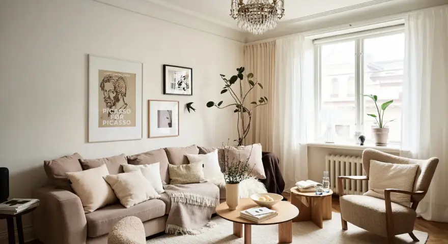 Sala de estar con sofá beige, sillón de borrego, mesas de madera y decoración en tonos neutros.