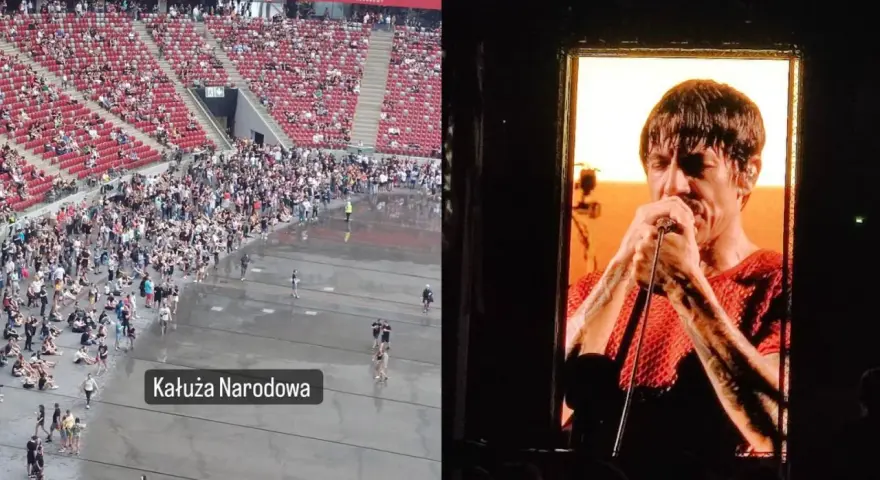 Koncert Red Hot Chili Peppers w Warszawie. Tłum na płycie stadionu, Anthony Kiedis na telebimie.