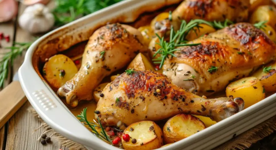 Muslos de pollo asados con patatas y romero. Una deliciosa receta para disfrutar en familia.