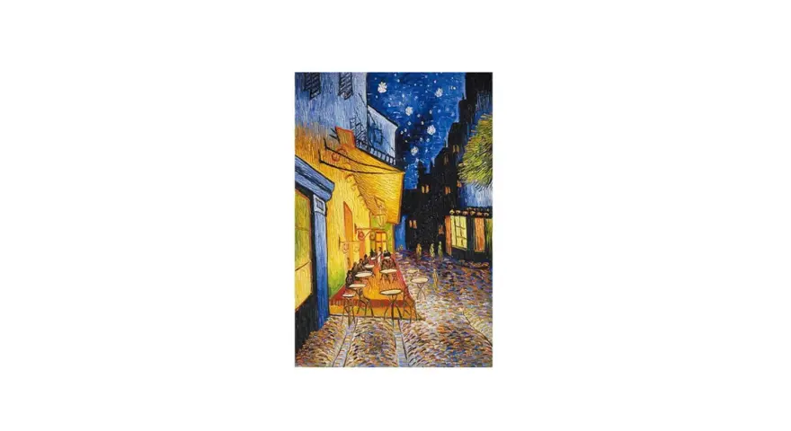 Nocna kawiarnia Van Gogha, rozświetlona żółtym blaskiem, pod rozgwieżdżonym, granatowym niebem. Brukowana uliczka, puste stoliki, atmosfera spokoju.