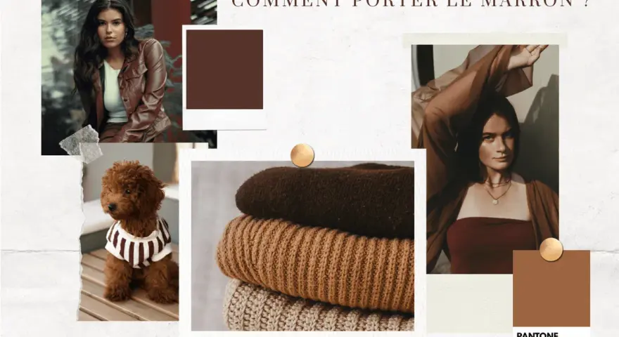 Inspiration mode : quelle couleur va avec le marron ? Une femme en veste de cuir, un caniche adorable, des pulls douillets et une palette de couleurs chaudes.
