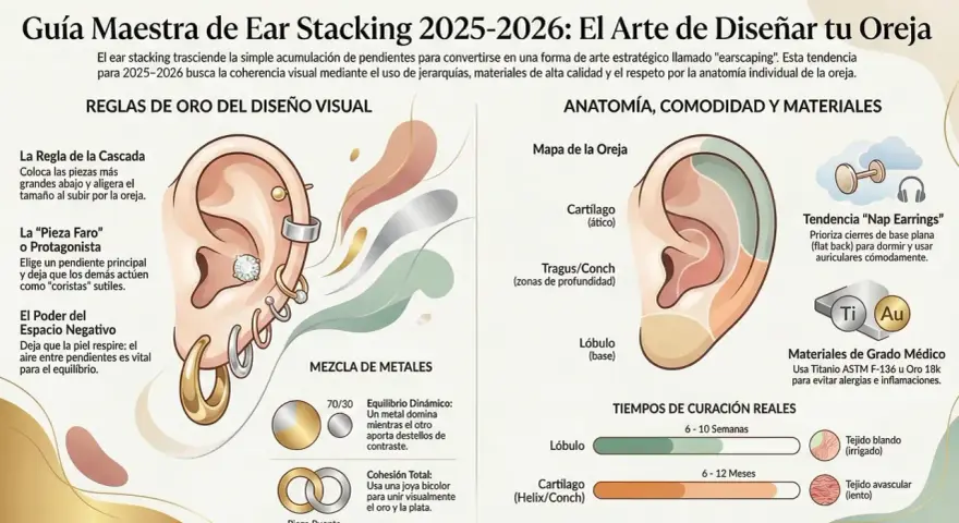 Oreja con varios pendientes, incluyendo un aro de **punta de plata** en el lóbulo y un brillante en el cartílago.