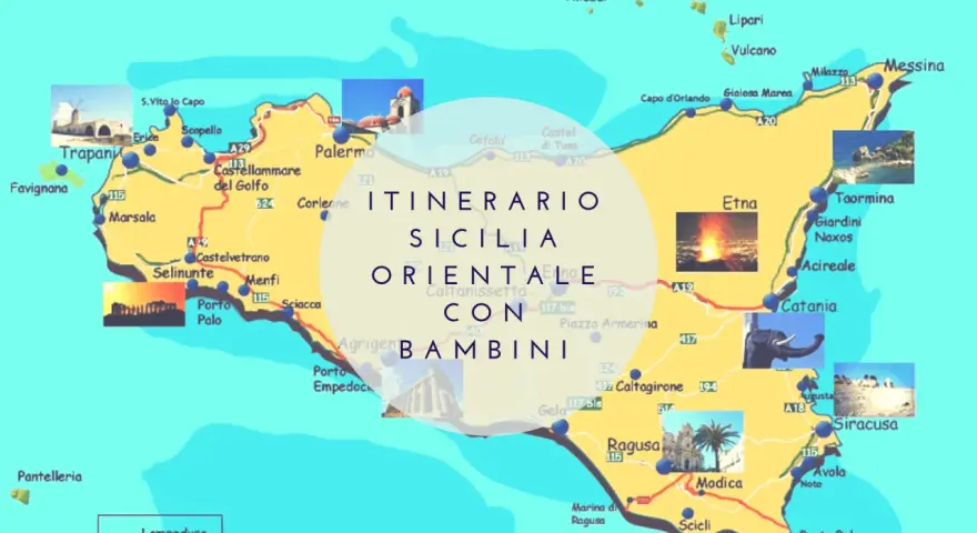 Mappa della Sicilia orientale con itinerario per bambini, che include Catania, Etna, Taormina e Siracusa.