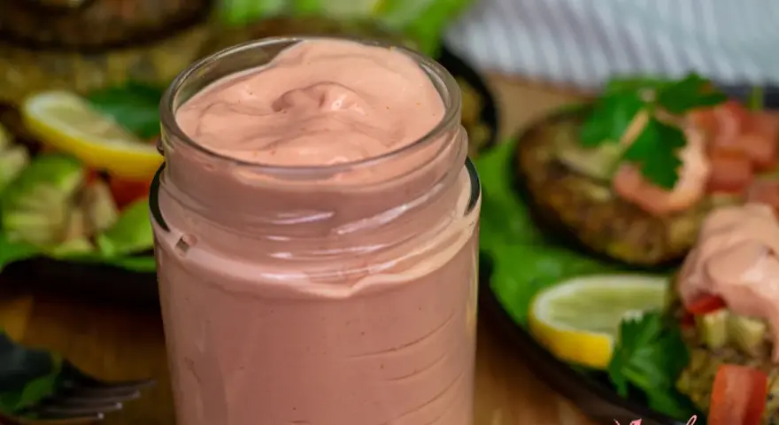 Un frasco de cremosa salsa rosada, perfecta para acompañar tus platillos veganos.