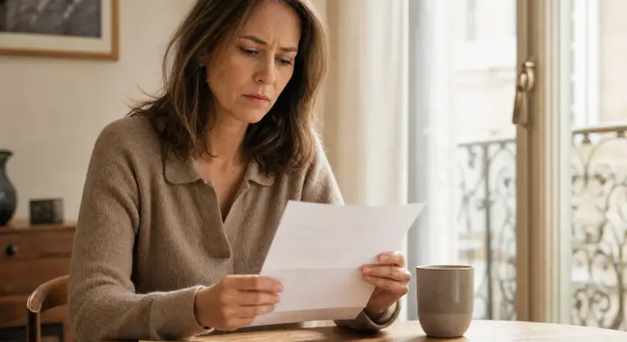 Femme soucieuse lisant une lettre, peut-être une relance pour 1 mois de loyer impayé. Une tasse de café à côté.