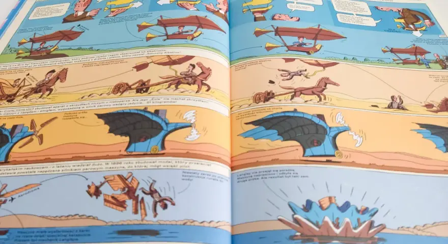 Ale odlot! Rysunkowa historia lotnictwa: od pierwszych prób z napędem parowym po nieudane maszyny.
