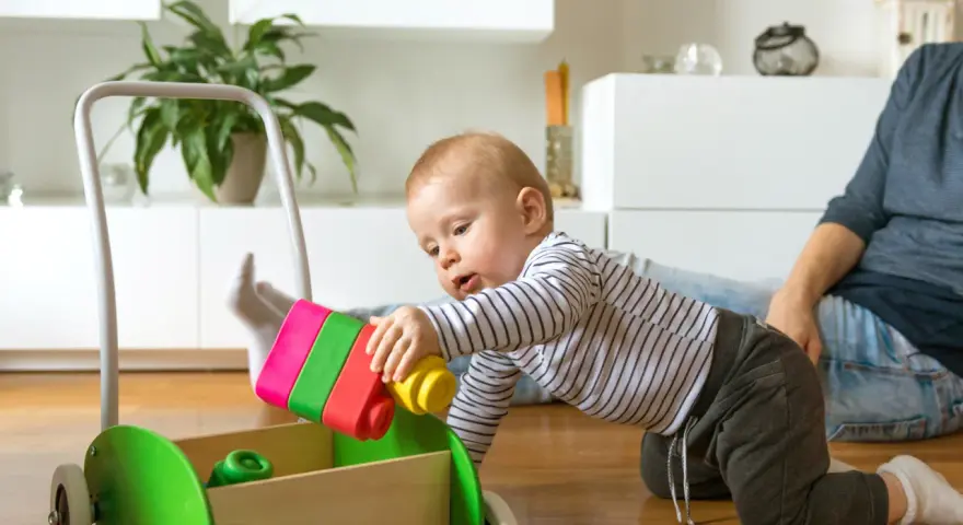 8 miesięczne dziecko raczkuje i bawi się kolorowymi klockami w wózku-pchaczu.