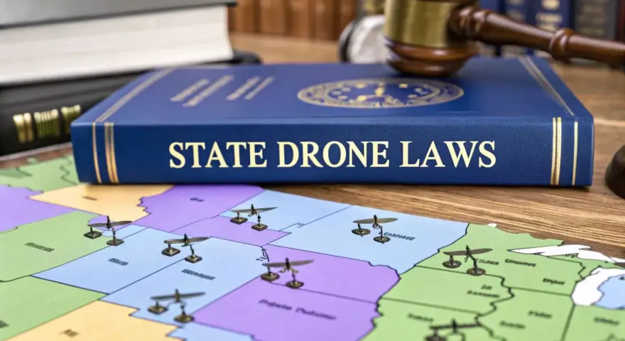 A book titled "State Drone Laws" sits on a map of the US, with miniature drones placed on various states, symbolizing drone regulations across the country, including Iowa.