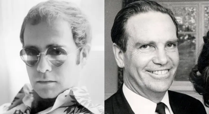 Links: junger Elton John mit Herzbrille. Rechts: Reginald Dwight, Elton Johns echter Name, in Anzug.