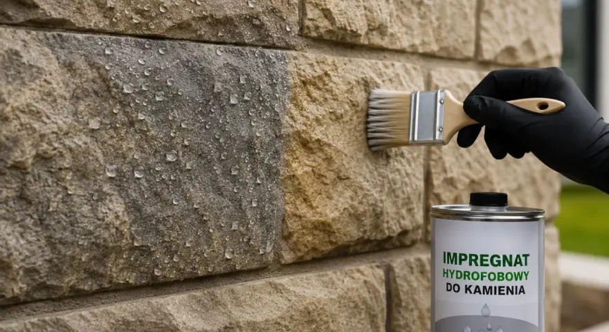 Pędzel z impregnatem hydrofobowym do kamienia nakładany na kamienną ścianę z kroplami wody.