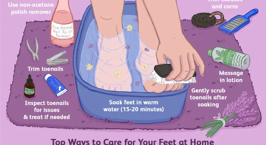 Illustration shows a home pedicure: feet soaking in a blue basin with flowers, nail clippers, polish remover, pumice stone, and lotion.