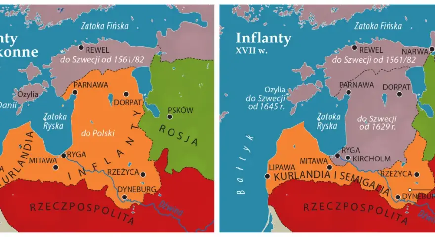 Mapy pokazują, gdzie leżą Inflanty: po 1561 r. i w XVII w. Widoczne są podziały terytorialne między Szwecją, Polską i Rosją.
